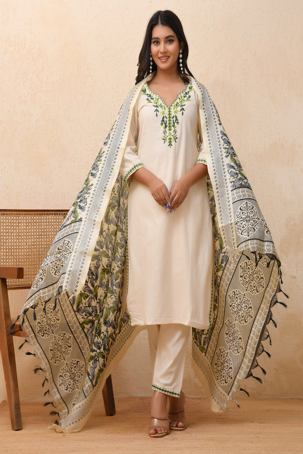 Vaasva Women Cream Embroidered Suit Set | Swadesiicart