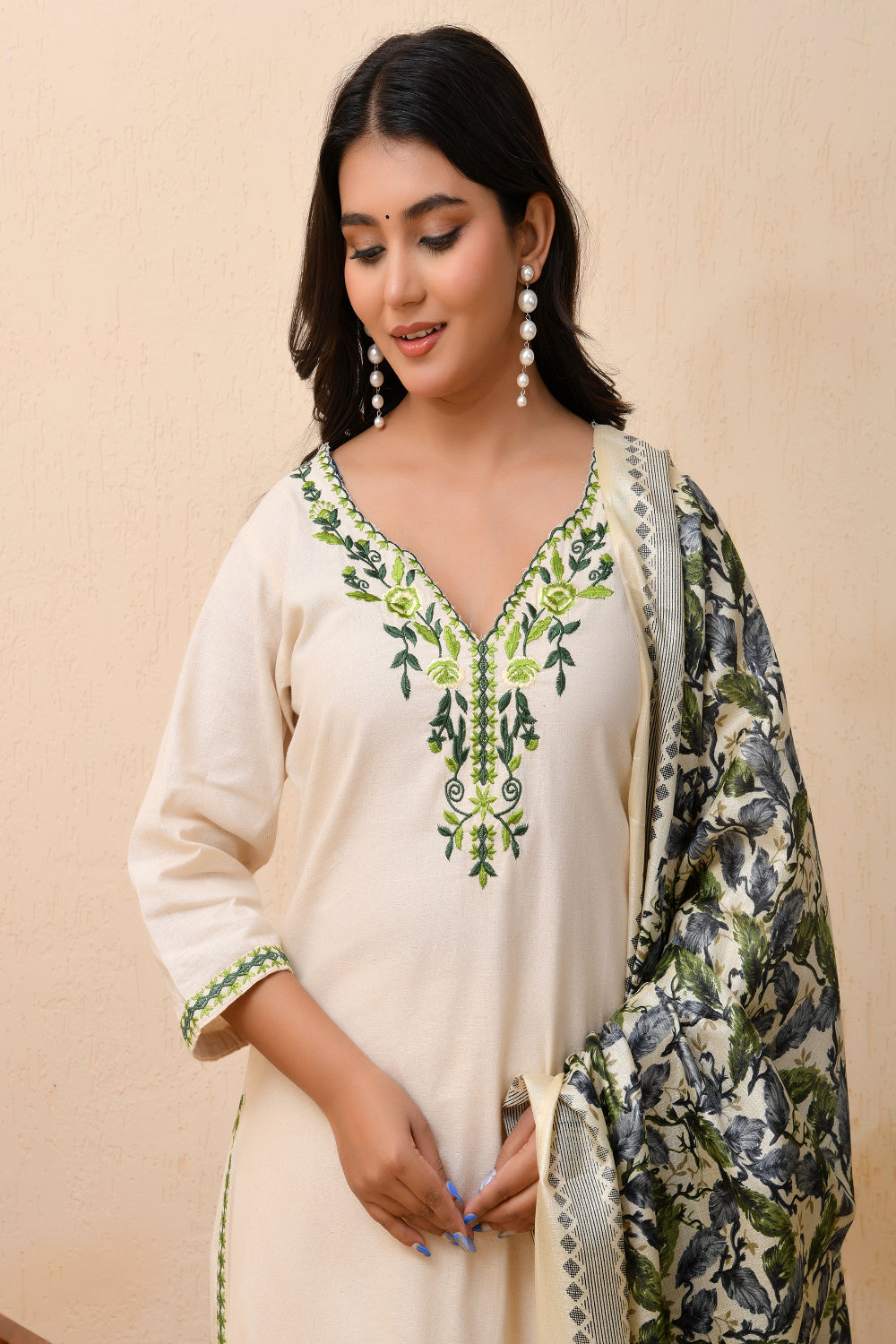 Vaasva Women Cream Embroidered Suit Set | Swadesiicart