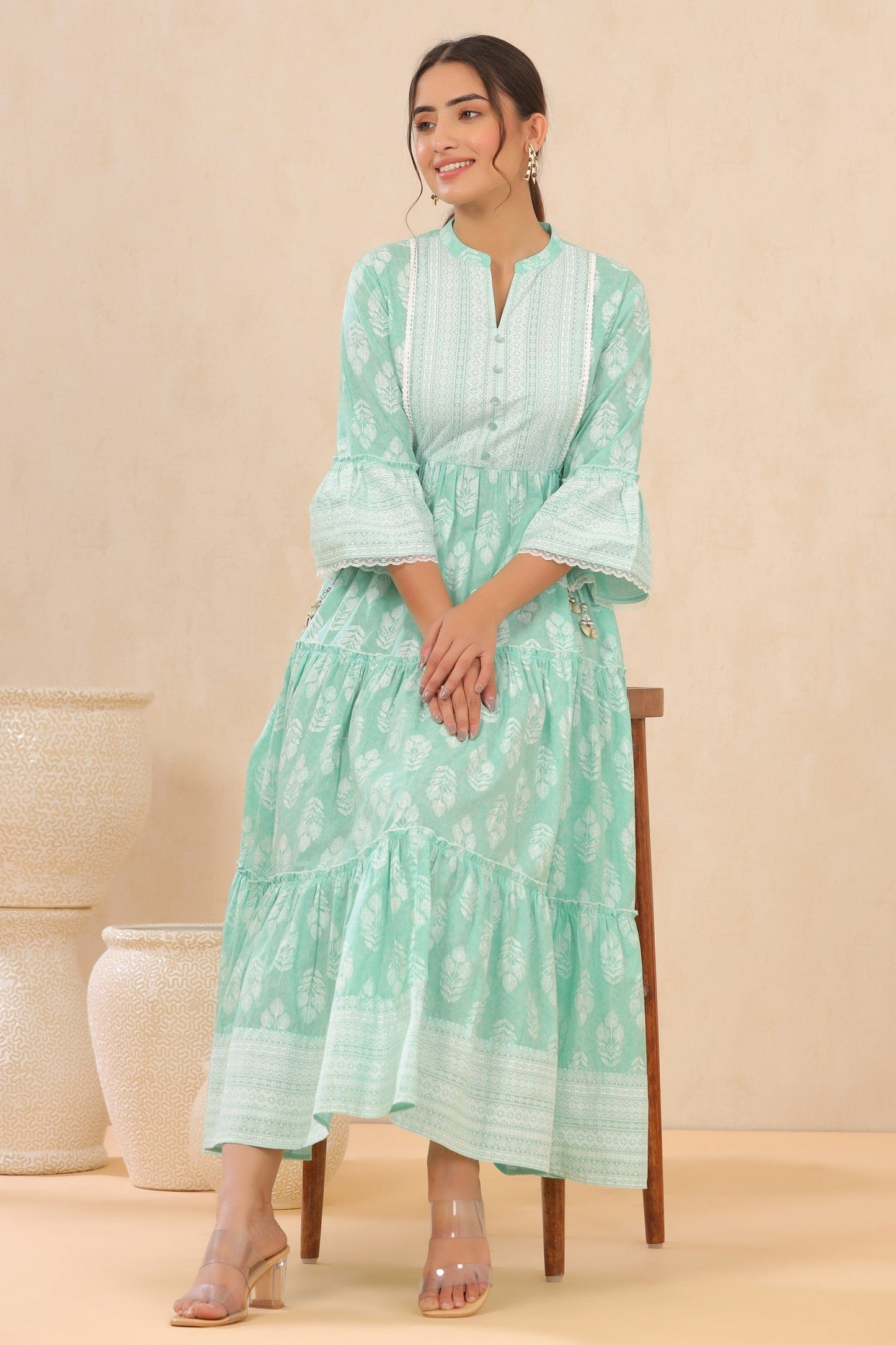 Juniper Womens Mint Cambric Printed Tiered Dress With Flared Sleeve | Swadesiicart