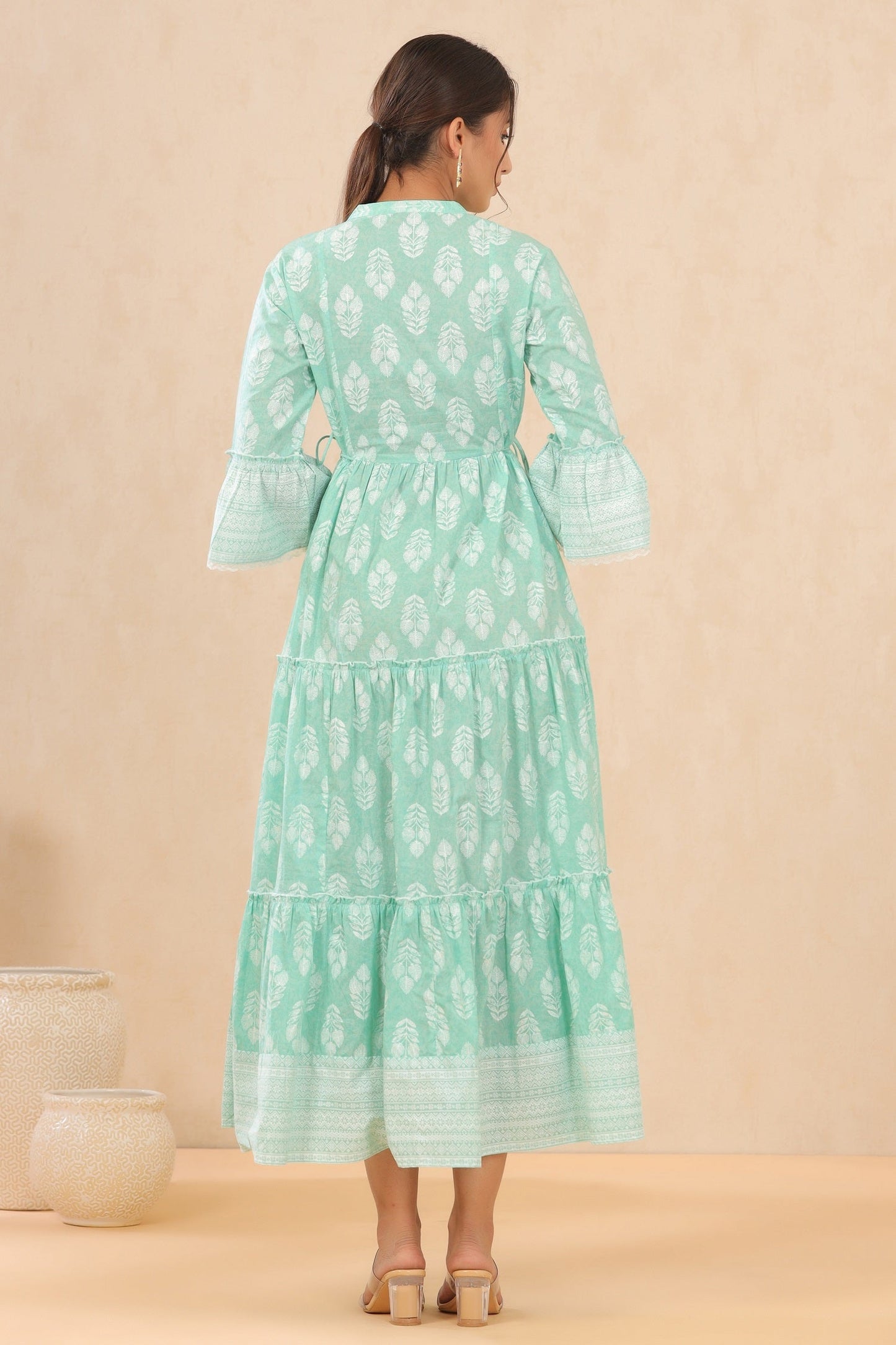 Juniper Womens Mint Cambric Printed Tiered Dress With Flared Sleeve | Swadesiicart