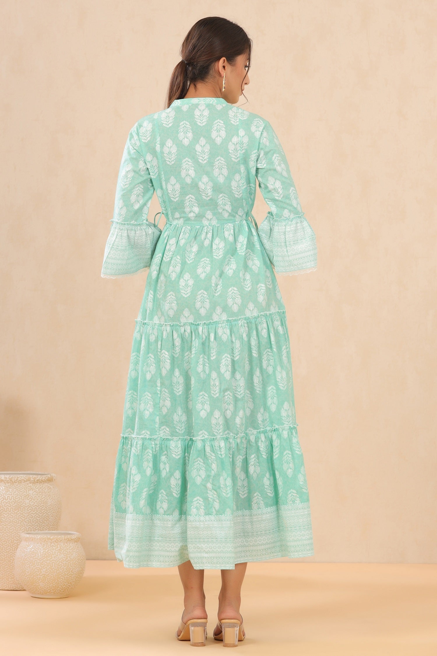 Juniper Womens Mint Cambric Printed Tiered Dress With Flared Sleeve | Swadesiicart