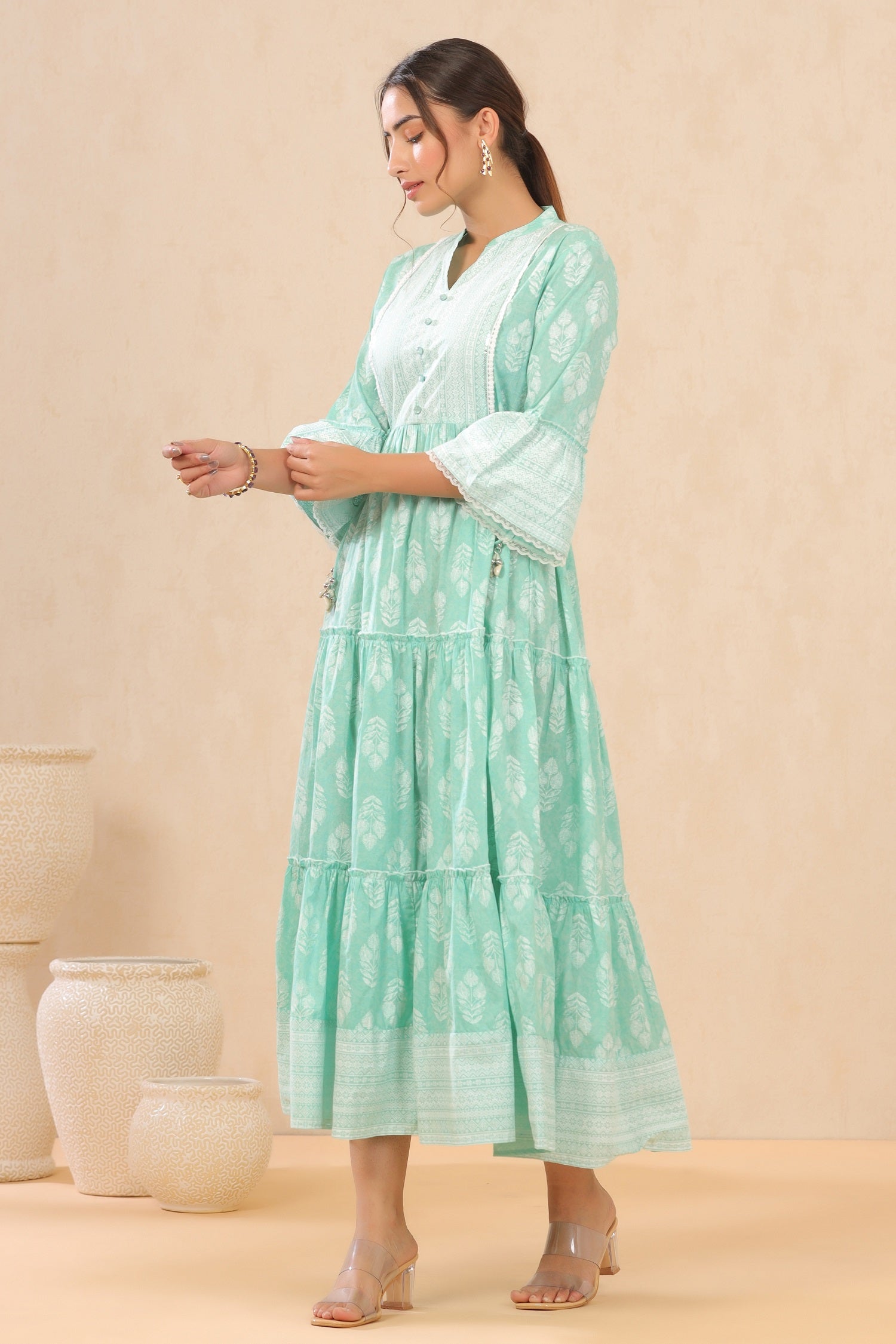 Juniper Womens Mint Cambric Printed Tiered Dress With Flared Sleeve | Swadesiicart