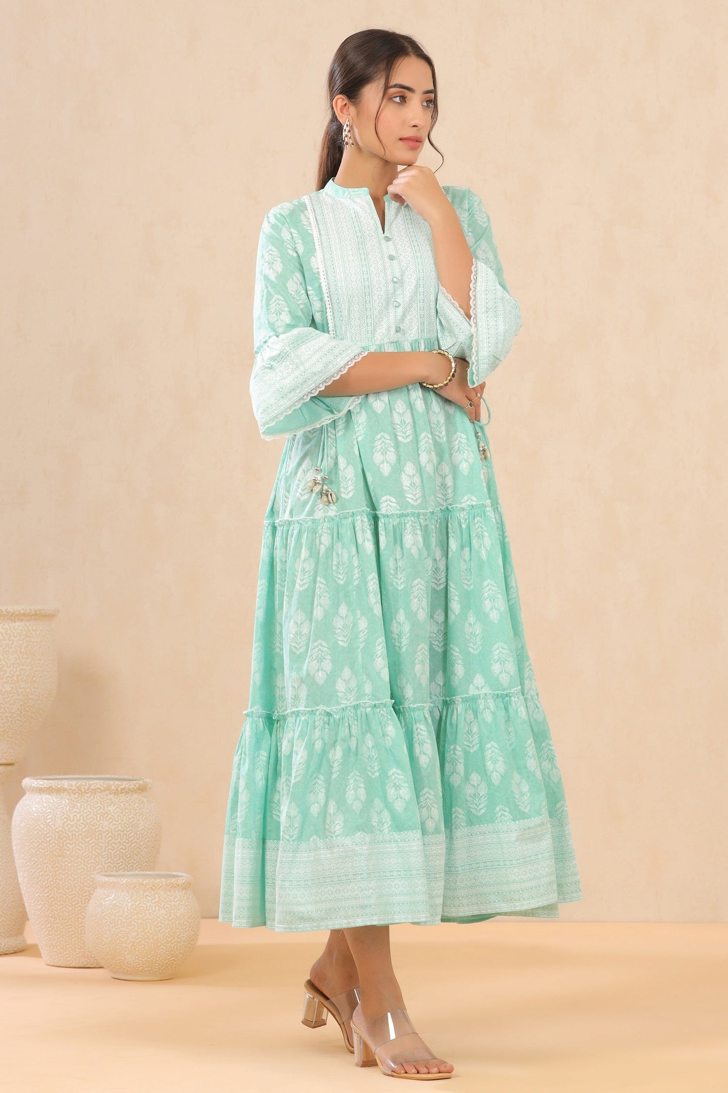 Juniper Womens Mint Cambric Printed Tiered Dress With Flared Sleeve | Swadesiicart