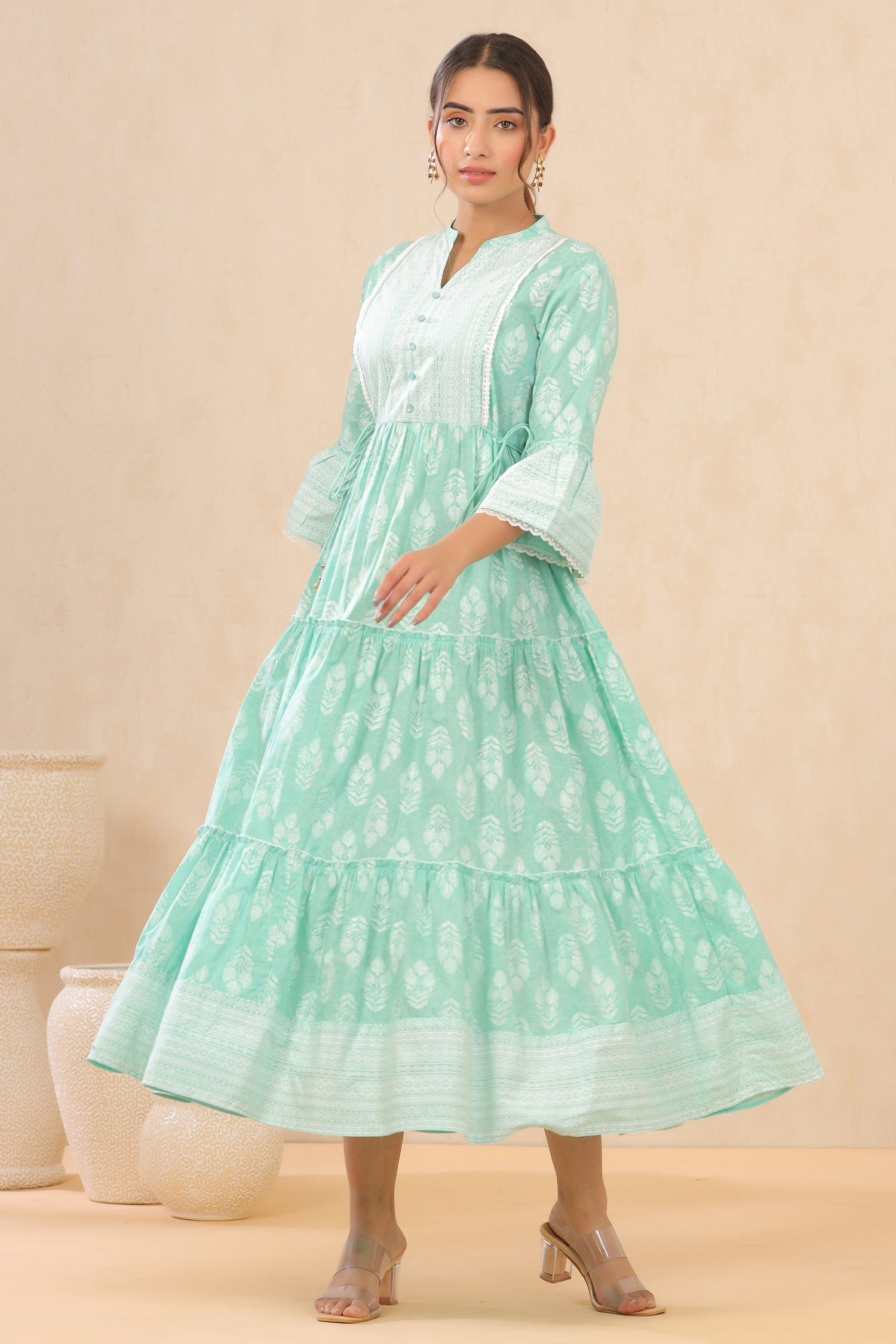 Juniper Womens Mint Cambric Printed Tiered Dress With Flared Sleeve | Swadesiicart