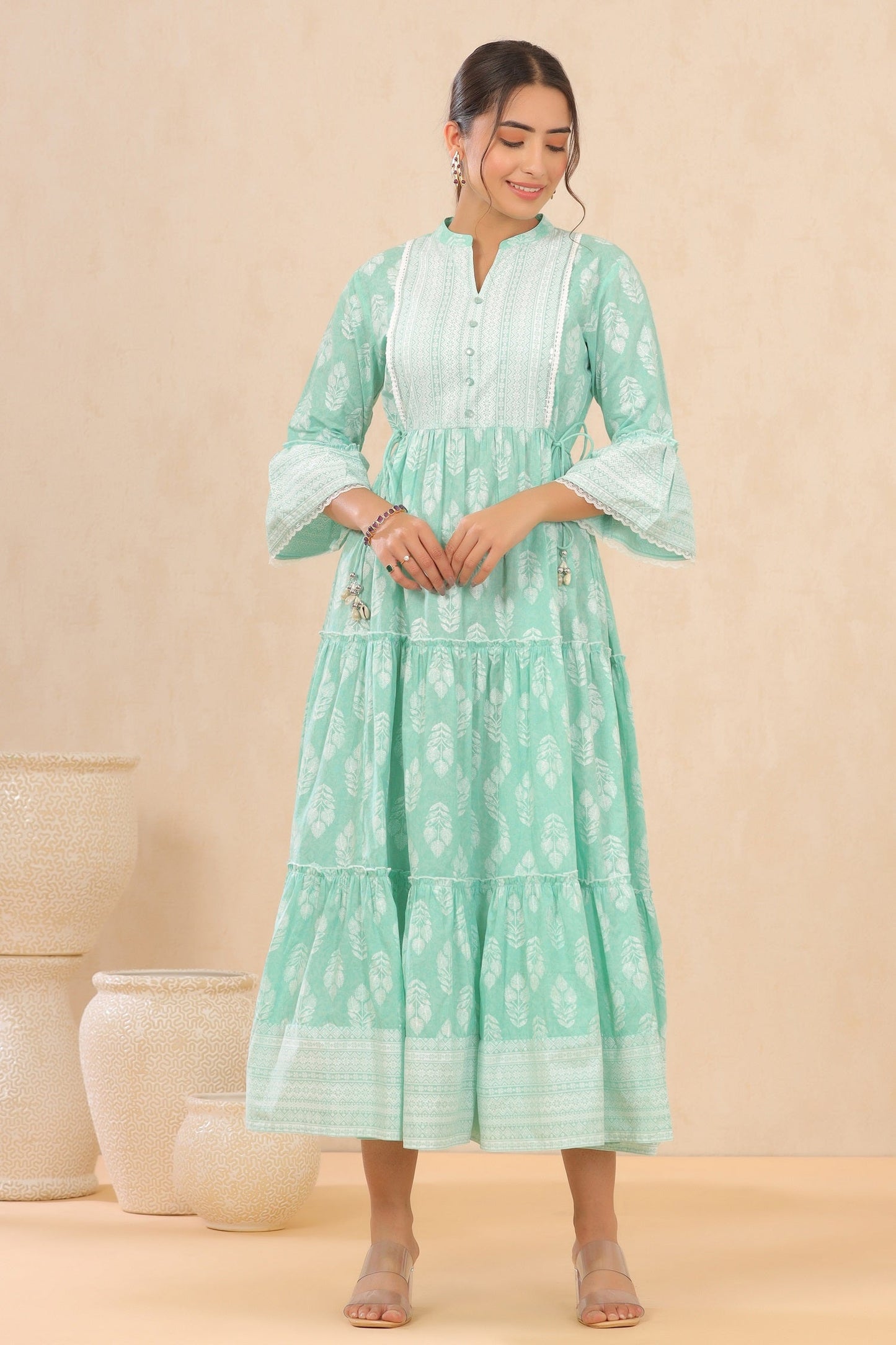Juniper Womens Mint Cambric Printed Tiered Dress With Flared Sleeve | Swadesiicart