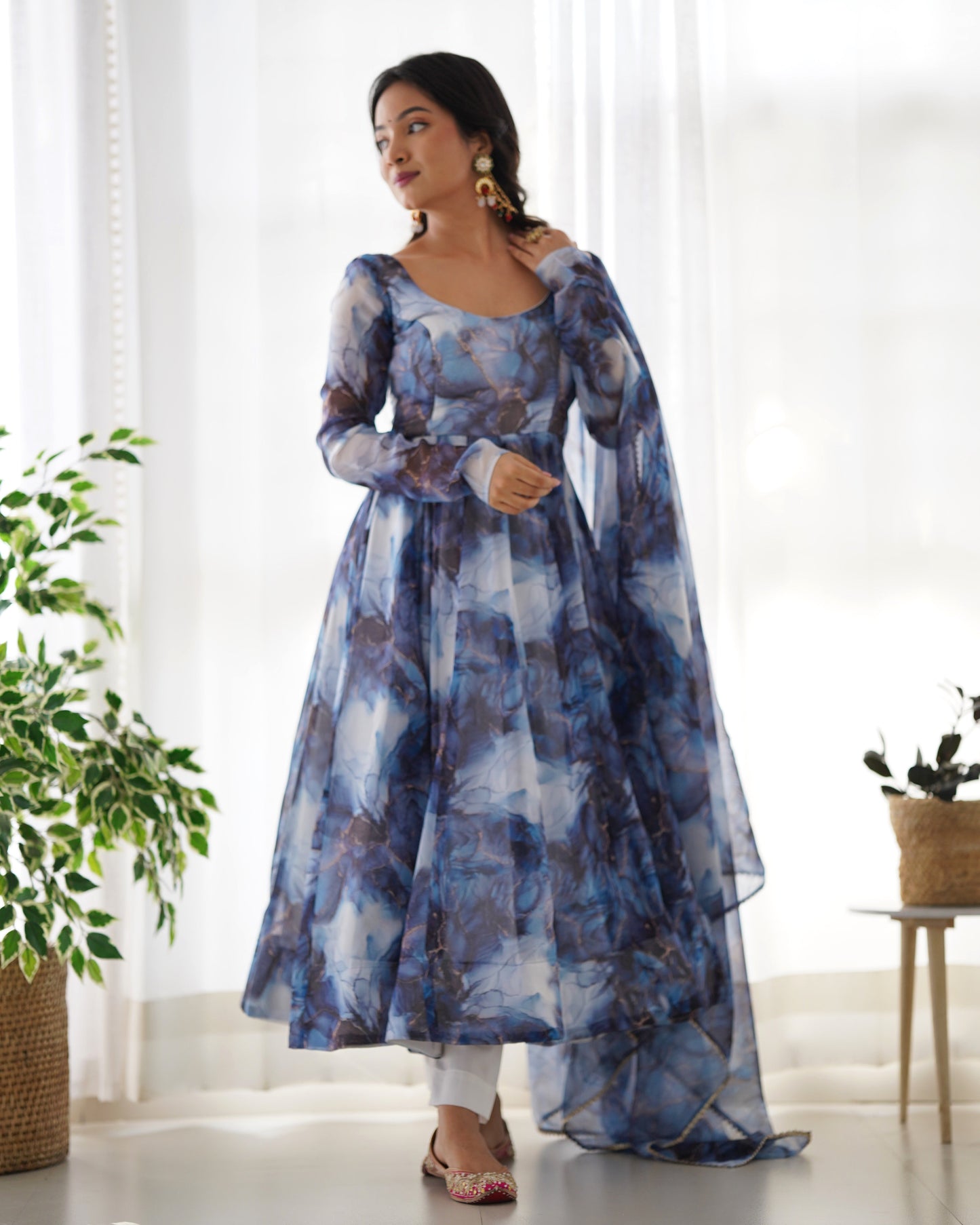 Lorenvalley Navyblue Soft Organza Silk With Marble Print Anarkali Pant With Dupatta Set - Swadesiicart