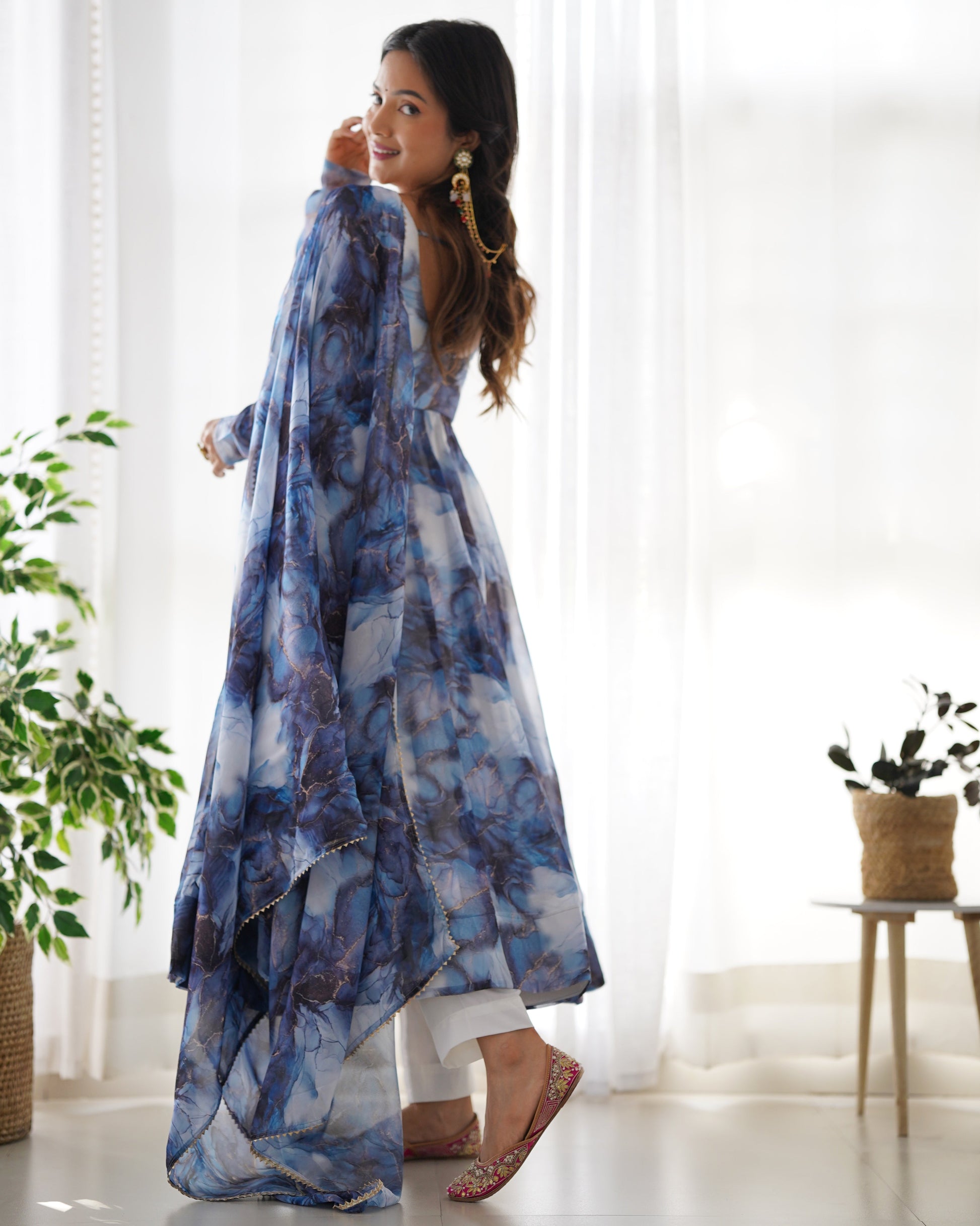 Lorenvalley Navyblue Soft Organza Silk With Marble Print Anarkali Pant With Dupatta Set - Swadesiicart