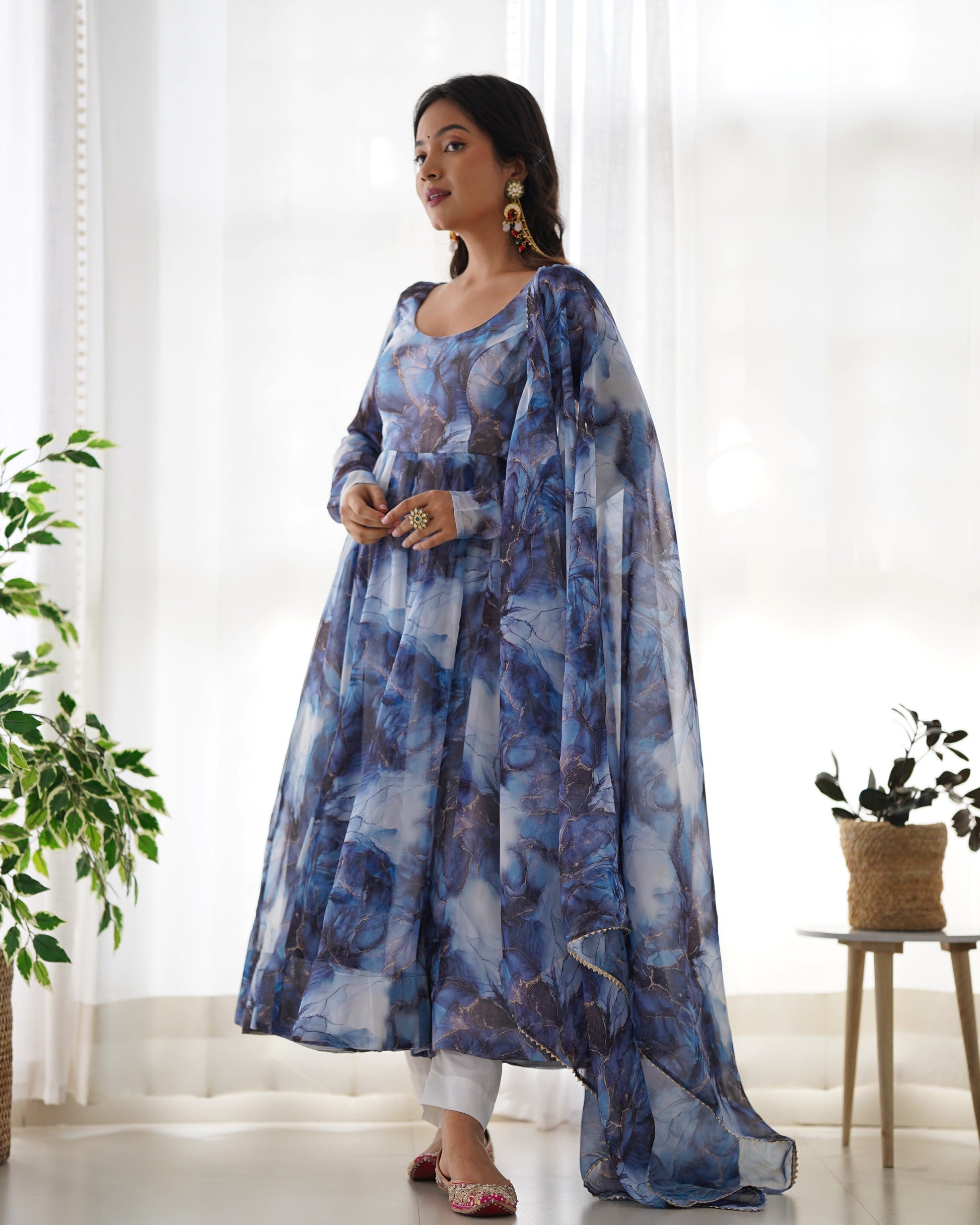 Lorenvalley Navyblue Soft Organza Silk With Marble Print Anarkali Pant With Dupatta Set - Swadesiicart