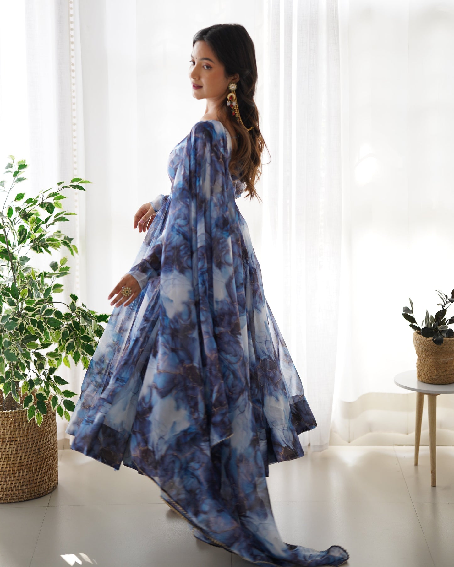 Lorenvalley Navyblue Soft Organza Silk With Marble Print Anarkali Pant With Dupatta Set - Swadesiicart