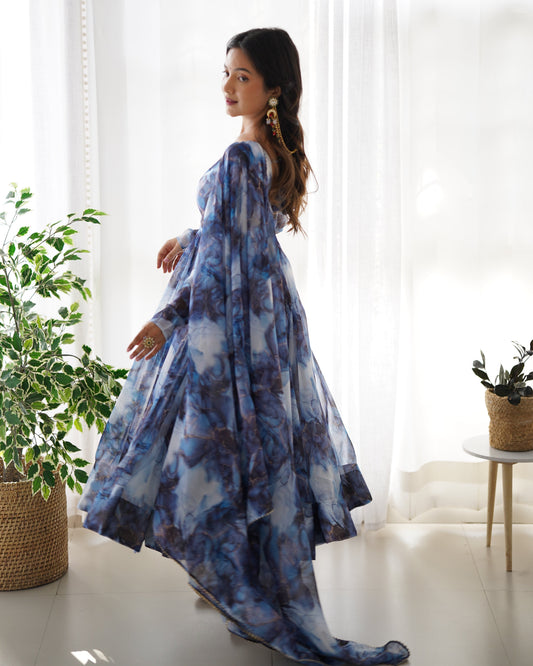 Lorenvalley Navyblue Soft Organza Silk With Marble Print Anarkali Pant With Dupatta Set - Swadesiicart