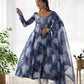 Lorenvalley Navyblue Soft Organza Silk With Marble Print Anarkali Pant With Dupatta Set - Swadesiicart