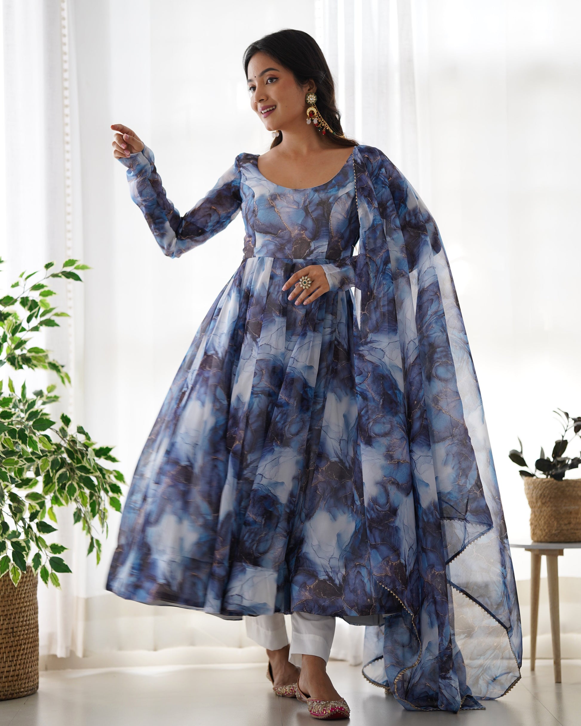 Lorenvalley Navyblue Soft Organza Silk With Marble Print Anarkali Pant With Dupatta Set - Swadesiicart