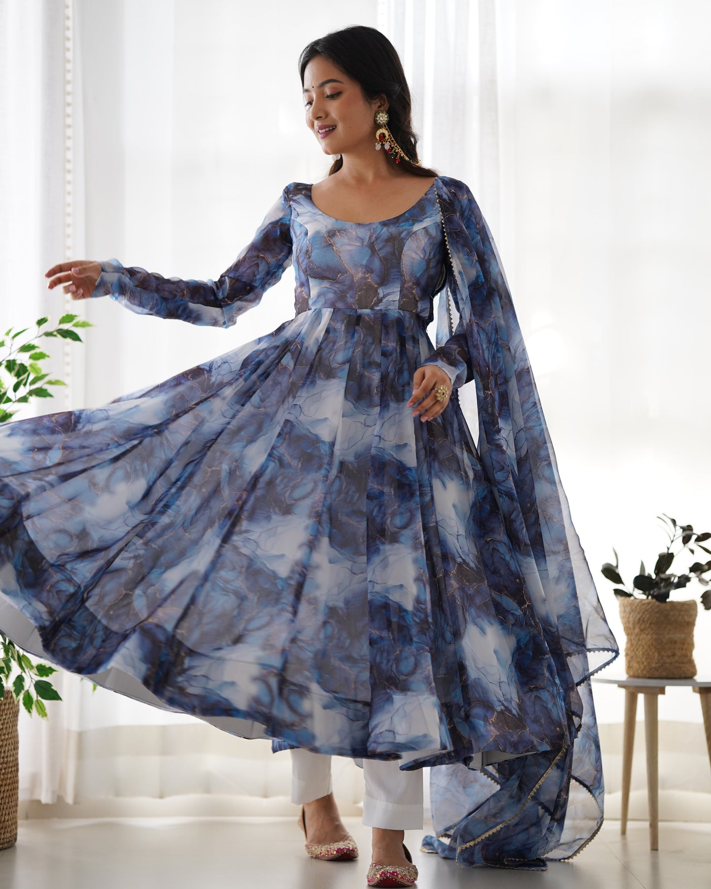 Lorenvalley Navyblue Soft Organza Silk With Marble Print Anarkali Pant With Dupatta Set - Swadesiicart