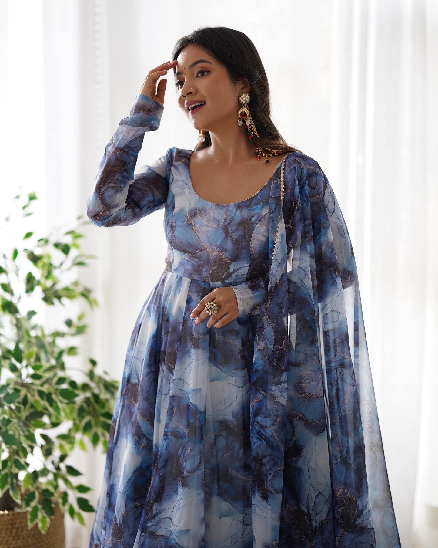 Lorenvalley Navyblue Soft Organza Silk With Marble Print Anarkali Pant With Dupatta Set - Swadesiicart