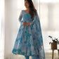 Lorenvalley Navyblue Soft Organza Silk With Marble Print Anarkali Pant With Dupatta Set - Swadesiicart