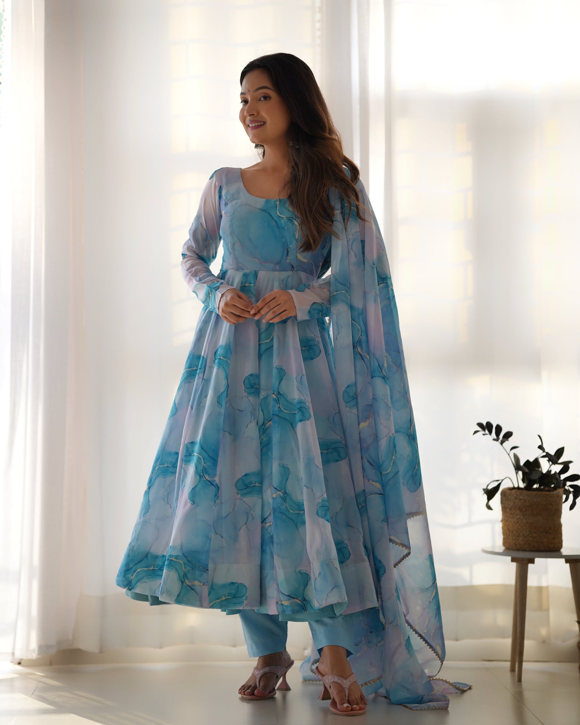 Lorenvalley Navyblue Soft Organza Silk With Marble Print Anarkali Pant With Dupatta Set - Swadesiicart