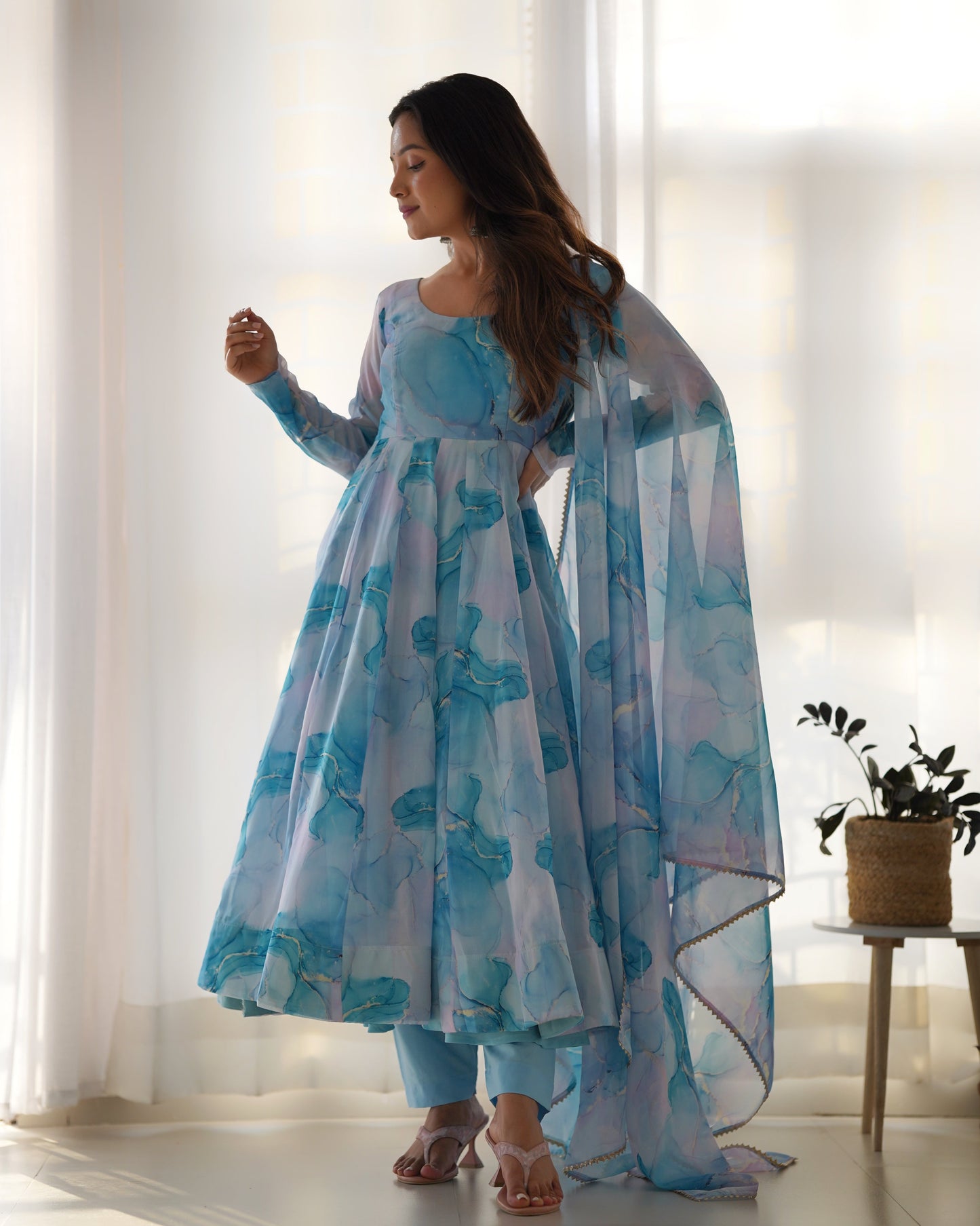 Lorenvalley Navyblue Soft Organza Silk With Marble Print Anarkali Pant With Dupatta Set - Swadesiicart