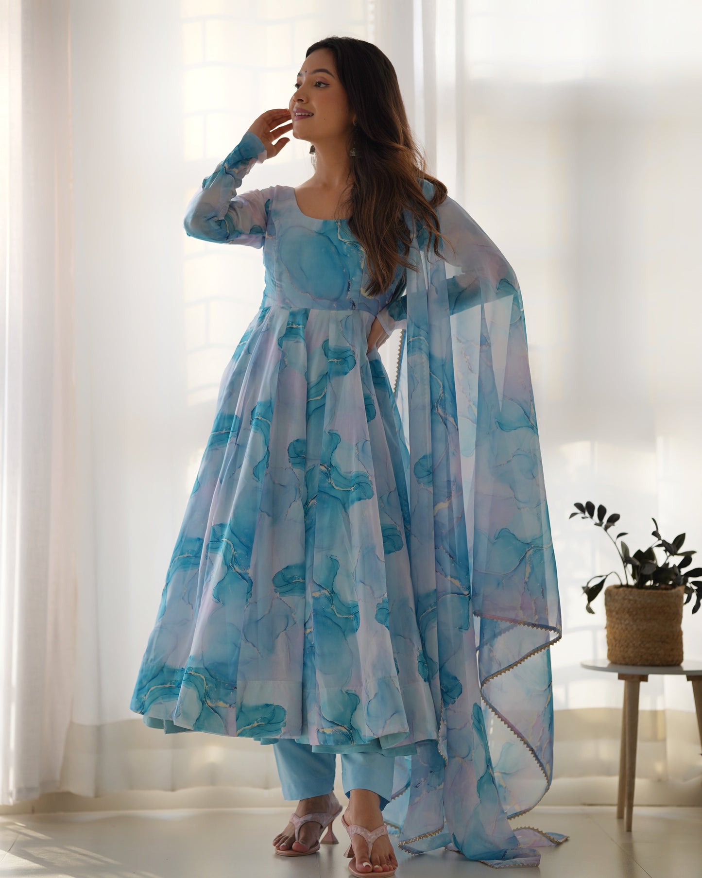 Lorenvalley Navyblue Soft Organza Silk With Marble Print Anarkali Pant With Dupatta Set - Swadesiicart