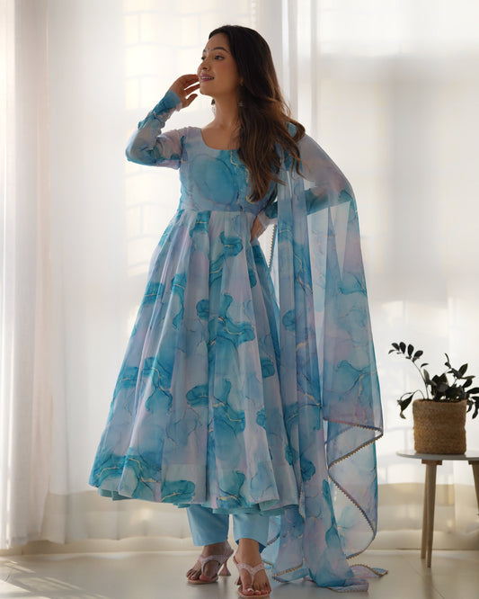 Lorenvalley Navyblue Soft Organza Silk With Marble Print Anarkali Pant With Dupatta Set - Swadesiicart