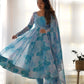 Lorenvalley Navyblue Soft Organza Silk With Marble Print Anarkali Pant With Dupatta Set - Swadesiicart