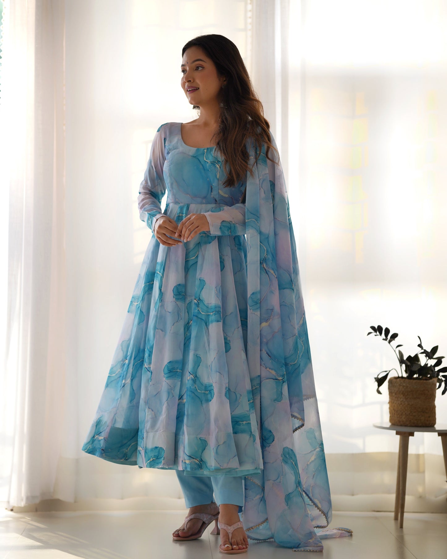 Lorenvalley Navyblue Soft Organza Silk With Marble Print Anarkali Pant With Dupatta Set - Swadesiicart