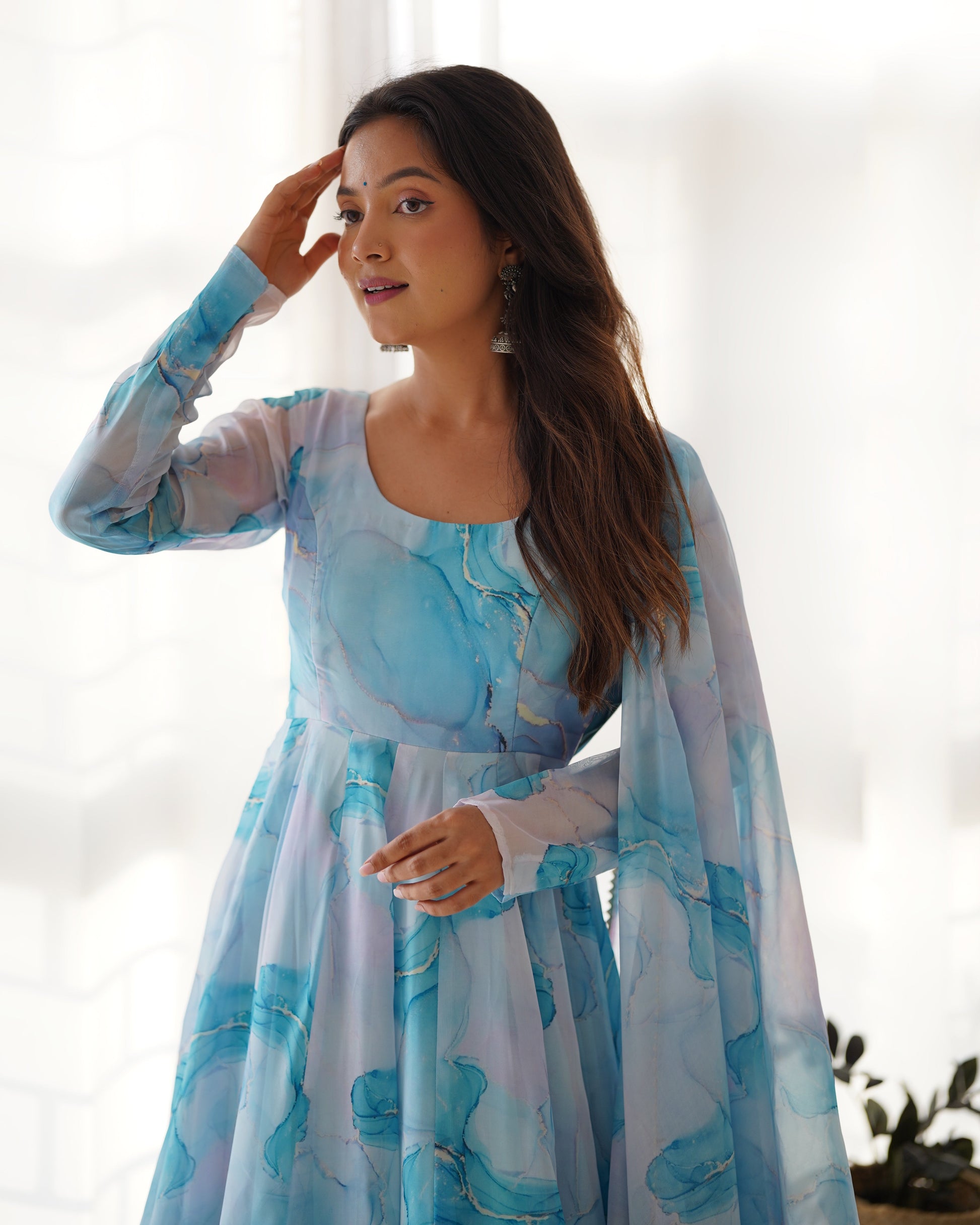 Lorenvalley Navyblue Soft Organza Silk With Marble Print Anarkali Pant With Dupatta Set - Swadesiicart