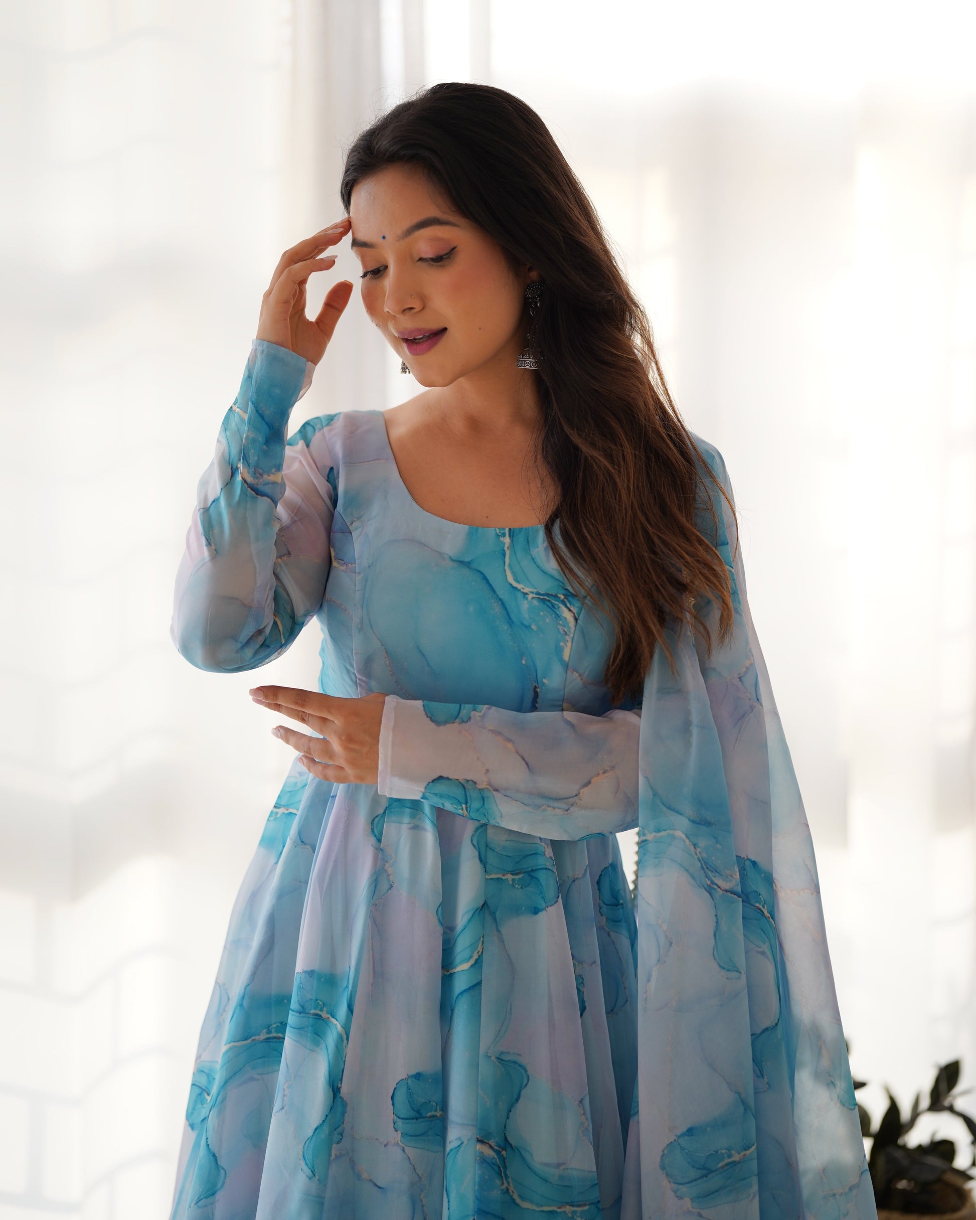 Lorenvalley Navyblue Soft Organza Silk With Marble Print Anarkali Pant With Dupatta Set - Swadesiicart
