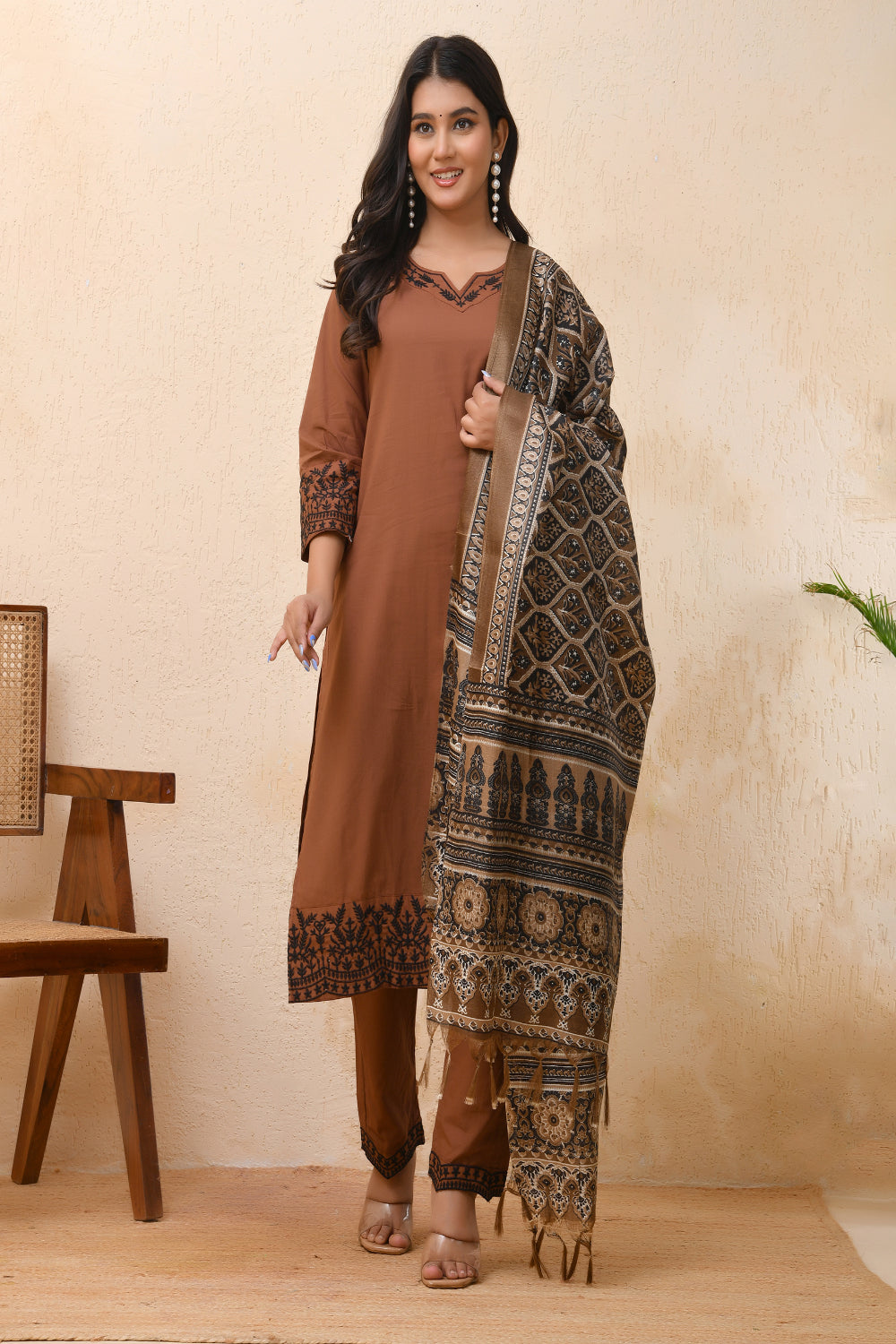Vaasva Women Brown Embroidered Suit Set | Swadesiicart
