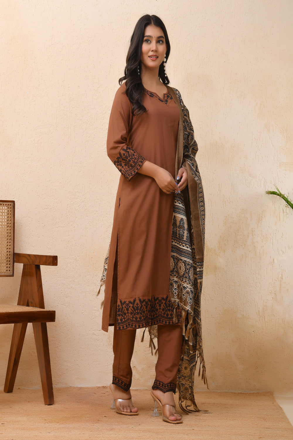 Vaasva Women Brown Embroidered Suit Set | Swadesiicart
