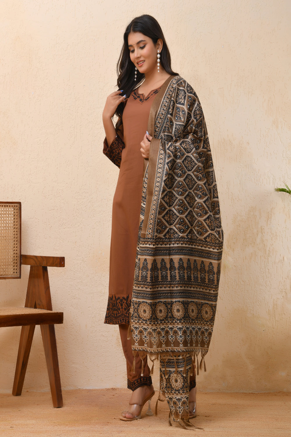 Vaasva Women Brown Embroidered Suit Set | Swadesiicart