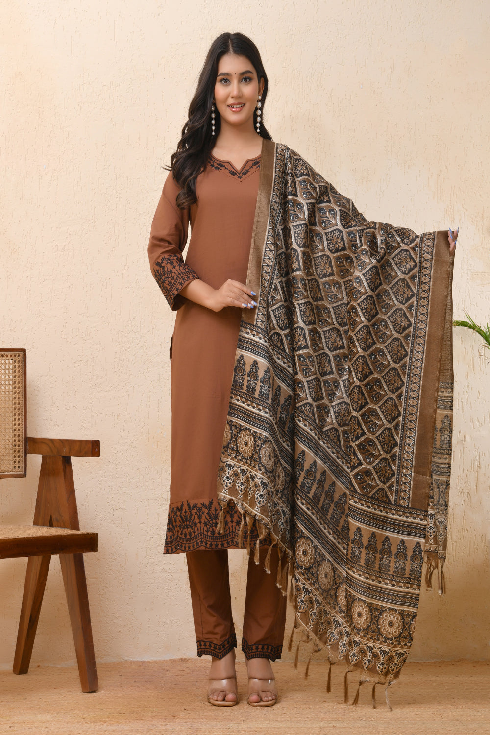 Vaasva Women Brown Embroidered Suit Set | Swadesiicart
