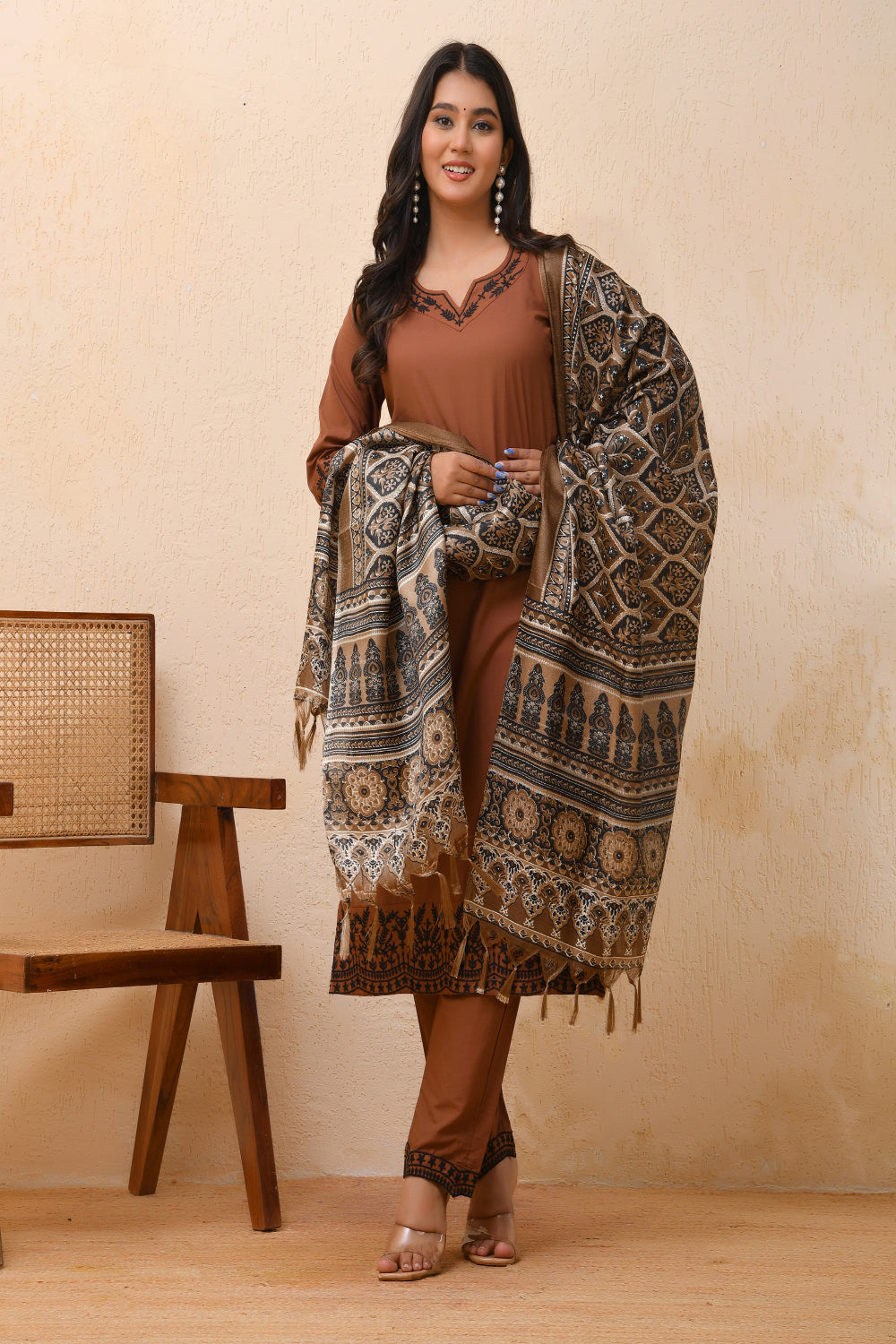 Vaasva Women Brown Embroidered Suit Set | Swadesiicart