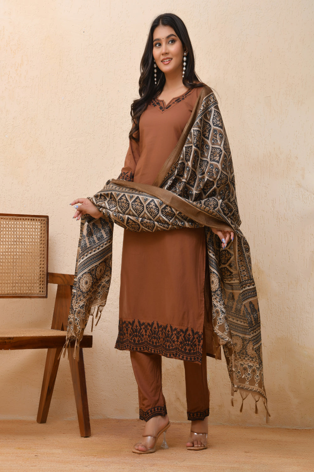 Vaasva Women Brown Embroidered Suit Set | Swadesiicart
