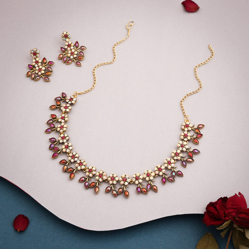 Tehzeeb Creations Gold-Polished Pink Colour Choker With Dangle Earrings - Swadesiicart