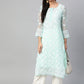 ADA Women Sea Green & White Chikankari Hand Embroidered Straight Sustainable Handloom Kurta | Swadesiicart