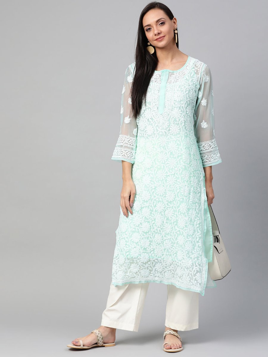 ADA Women Sea Green & White Chikankari Hand Embroidered Straight Sustainable Handloom Kurta | Swadesiicart