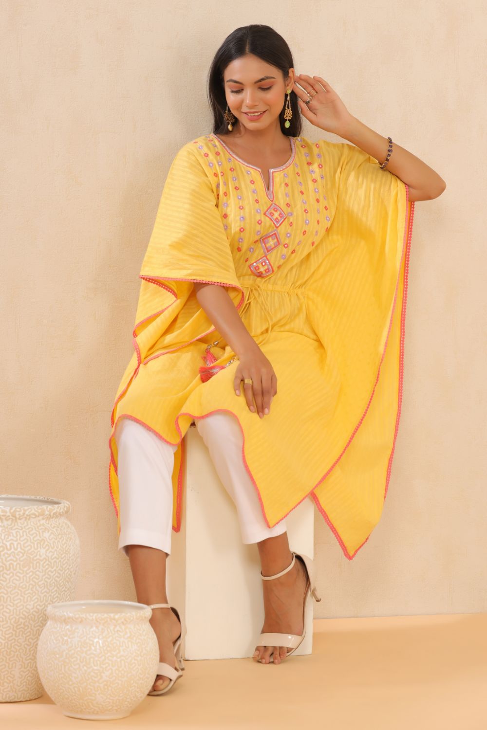 Juniper Womens Yellow Cotton Dobby Embroiderd Kaftan Kurta | Swadesiicart