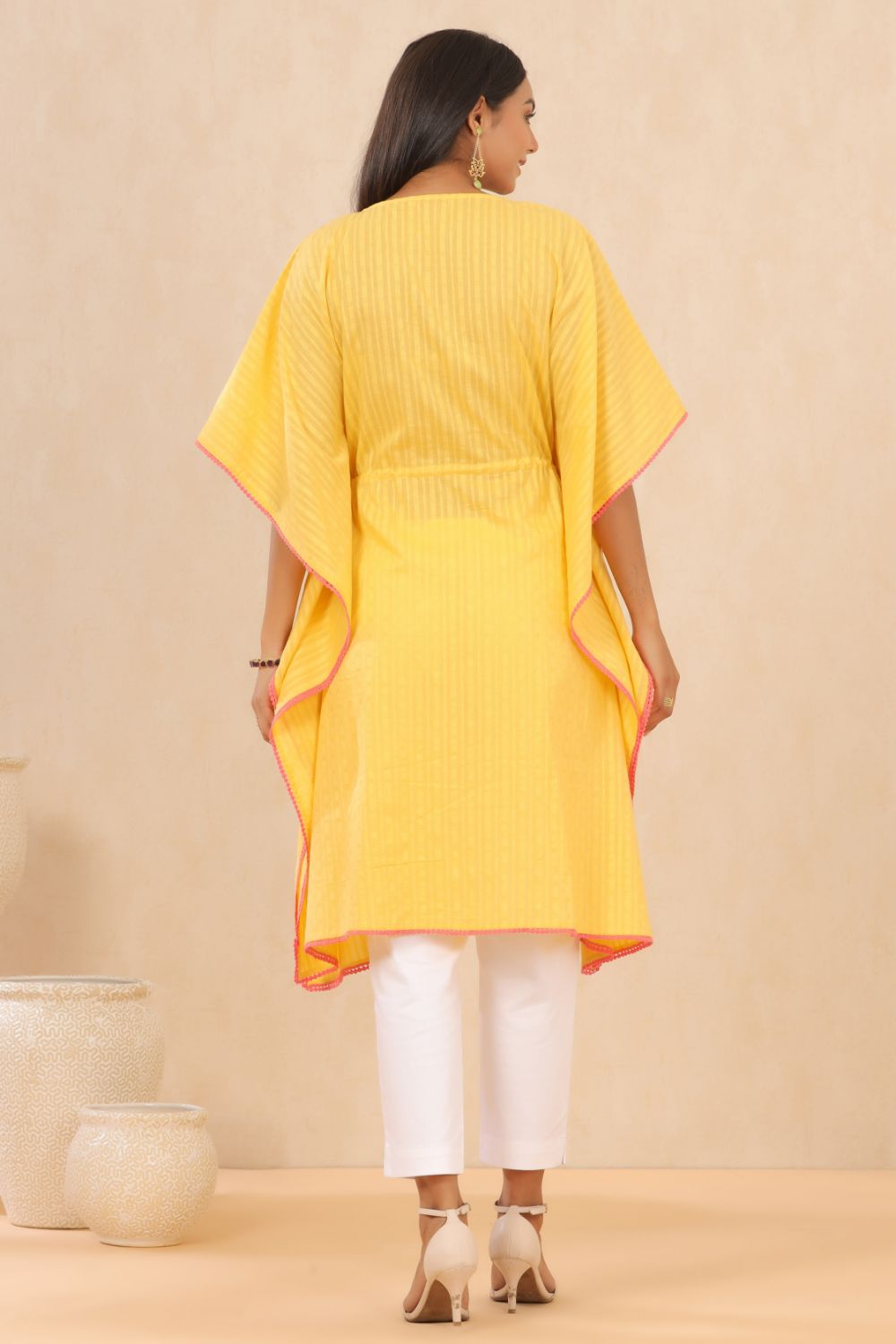 Juniper Womens Yellow Cotton Dobby Embroiderd Kaftan Kurta | Swadesiicart