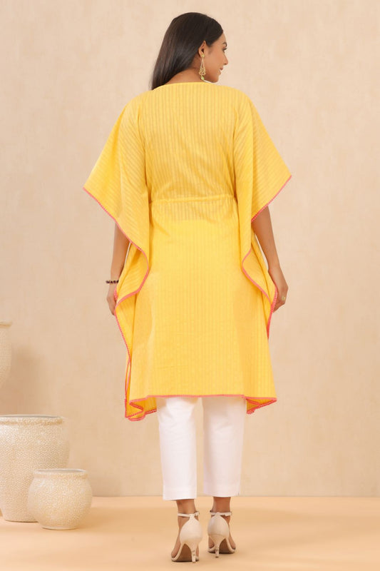 Juniper Womens Yellow Cotton Dobby Embroiderd Kaftan Kurta | Swadesiicart