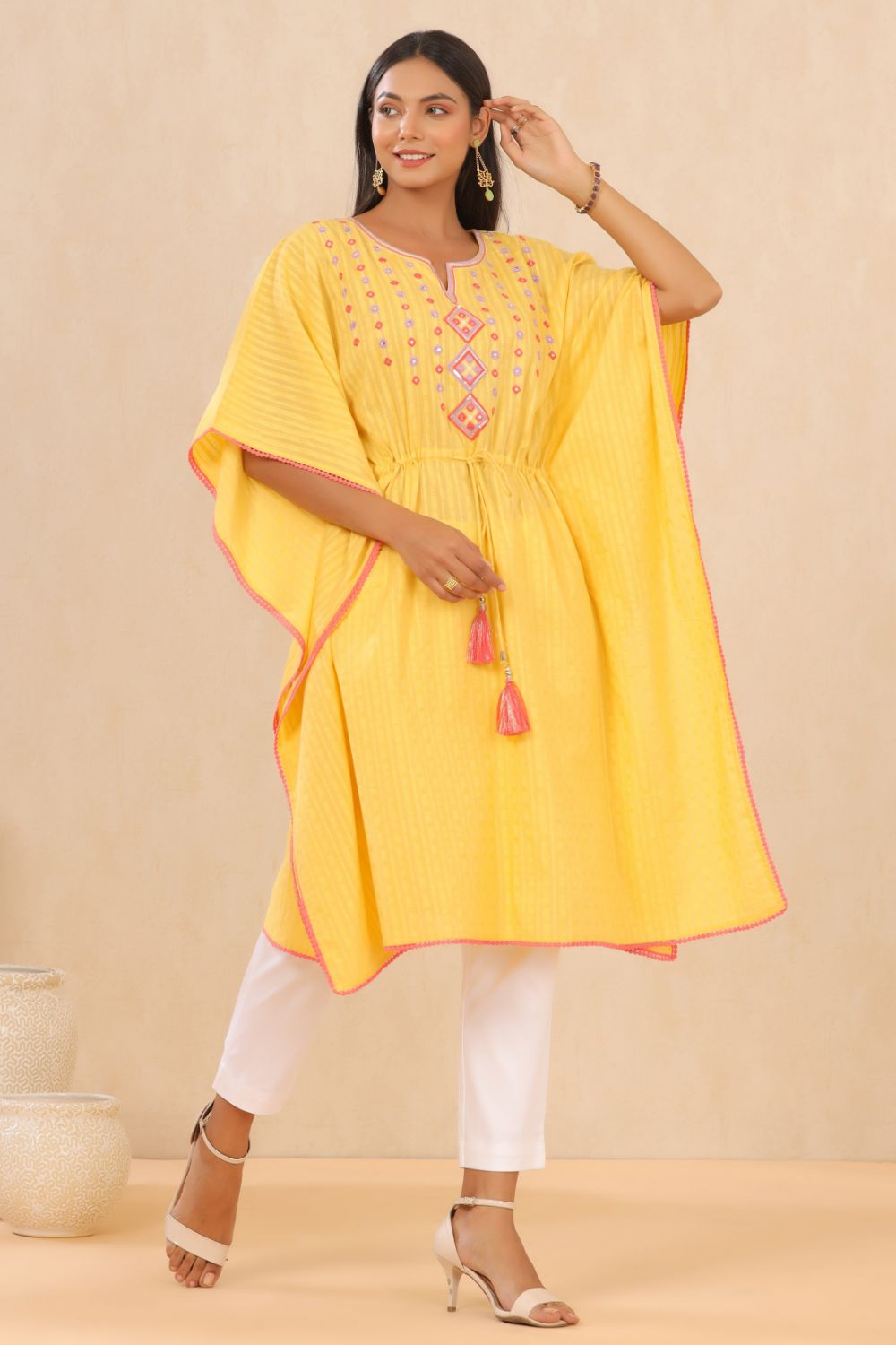 Juniper Womens Yellow Cotton Dobby Embroiderd Kaftan Kurta | Swadesiicart