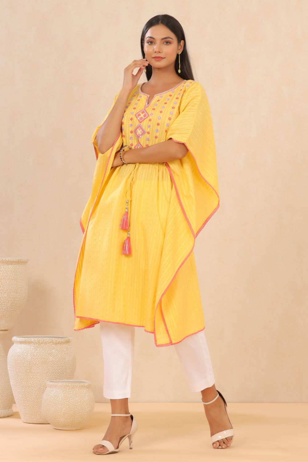 Juniper Womens Yellow Cotton Dobby Embroiderd Kaftan Kurta | Swadesiicart