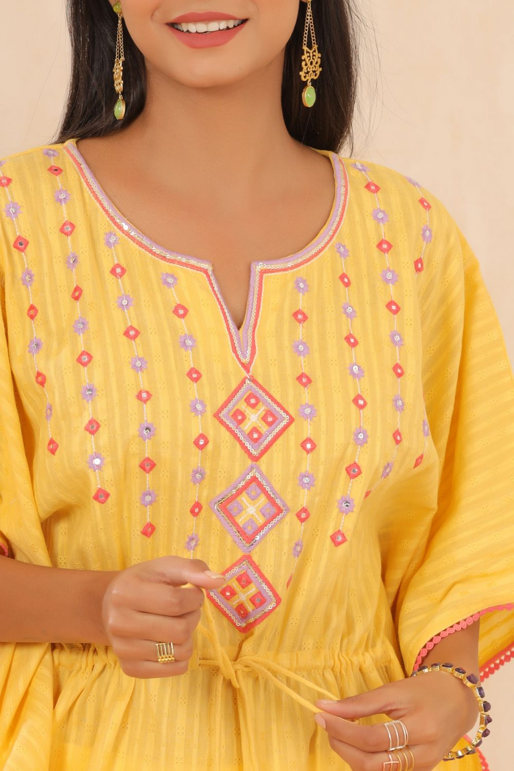 Juniper Womens Yellow Cotton Dobby Embroiderd Kaftan Kurta | Swadesiicart