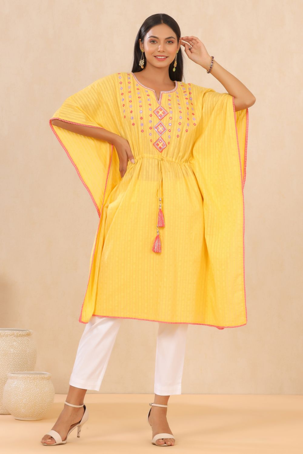 Juniper Womens Yellow Cotton Dobby Embroiderd Kaftan Kurta | Swadesiicart