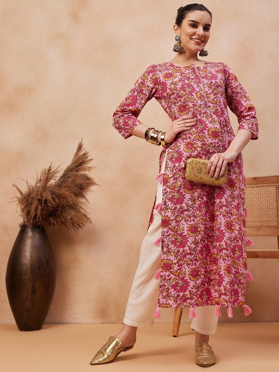 Anouk Floral Printed Round Neck Pure Cotton Straight Kurta - Swadesiicart