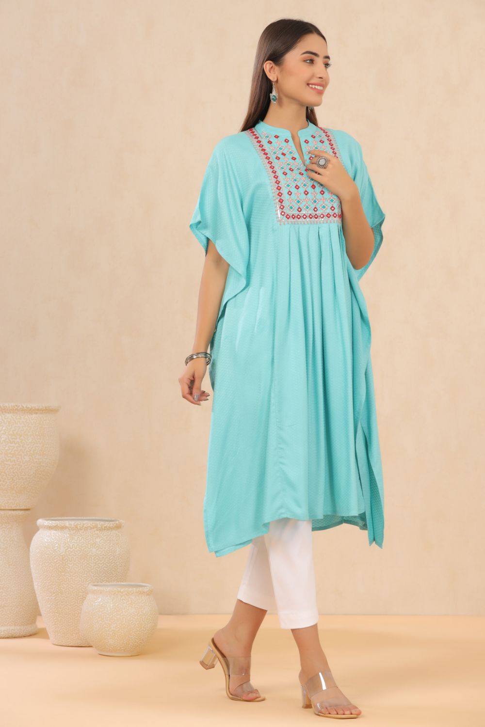 Juniper Womens Skyblue Embroiderd Rayon Dobby Kaftan | Swadesiicart