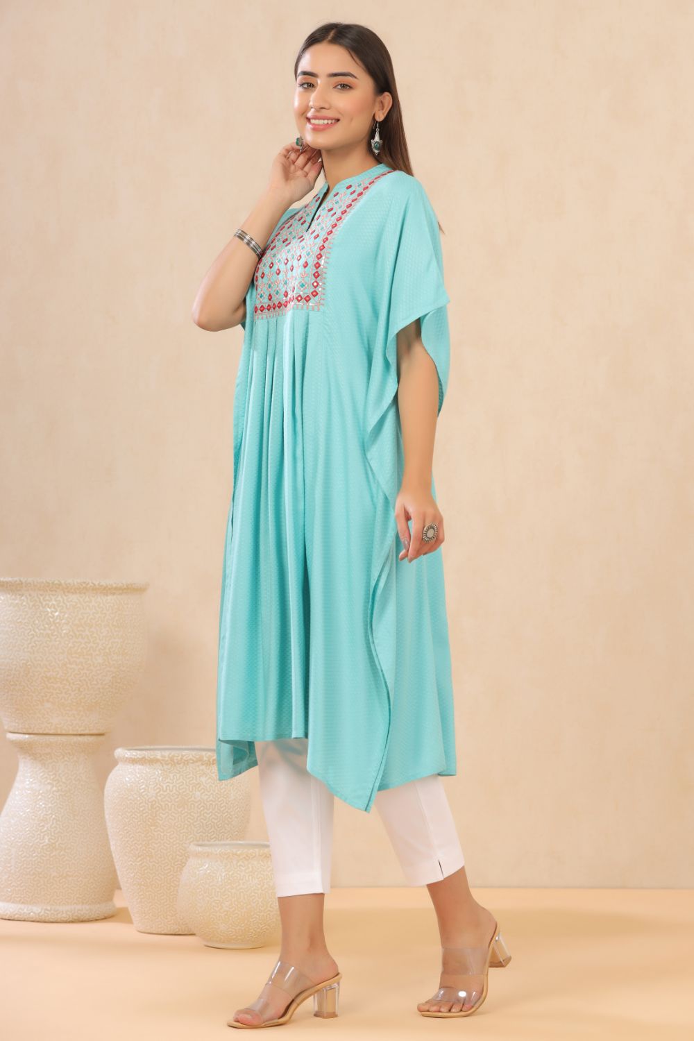 Juniper Womens Skyblue Embroiderd Rayon Dobby Kaftan | Swadesiicart