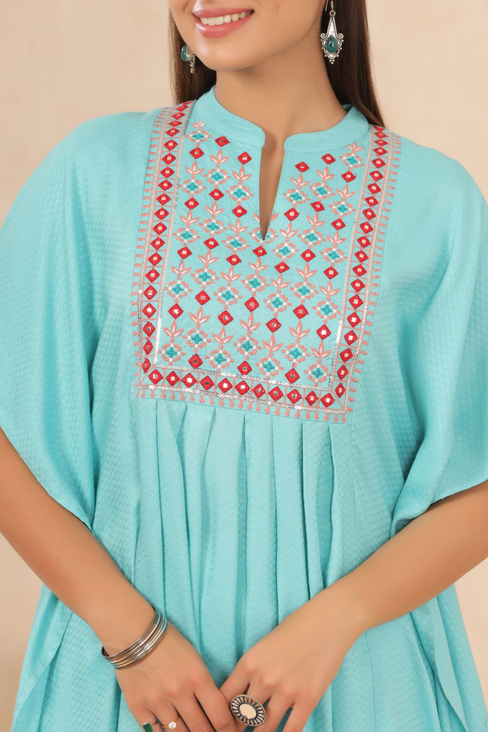 Juniper Womens Skyblue Embroiderd Rayon Dobby Kaftan | Swadesiicart