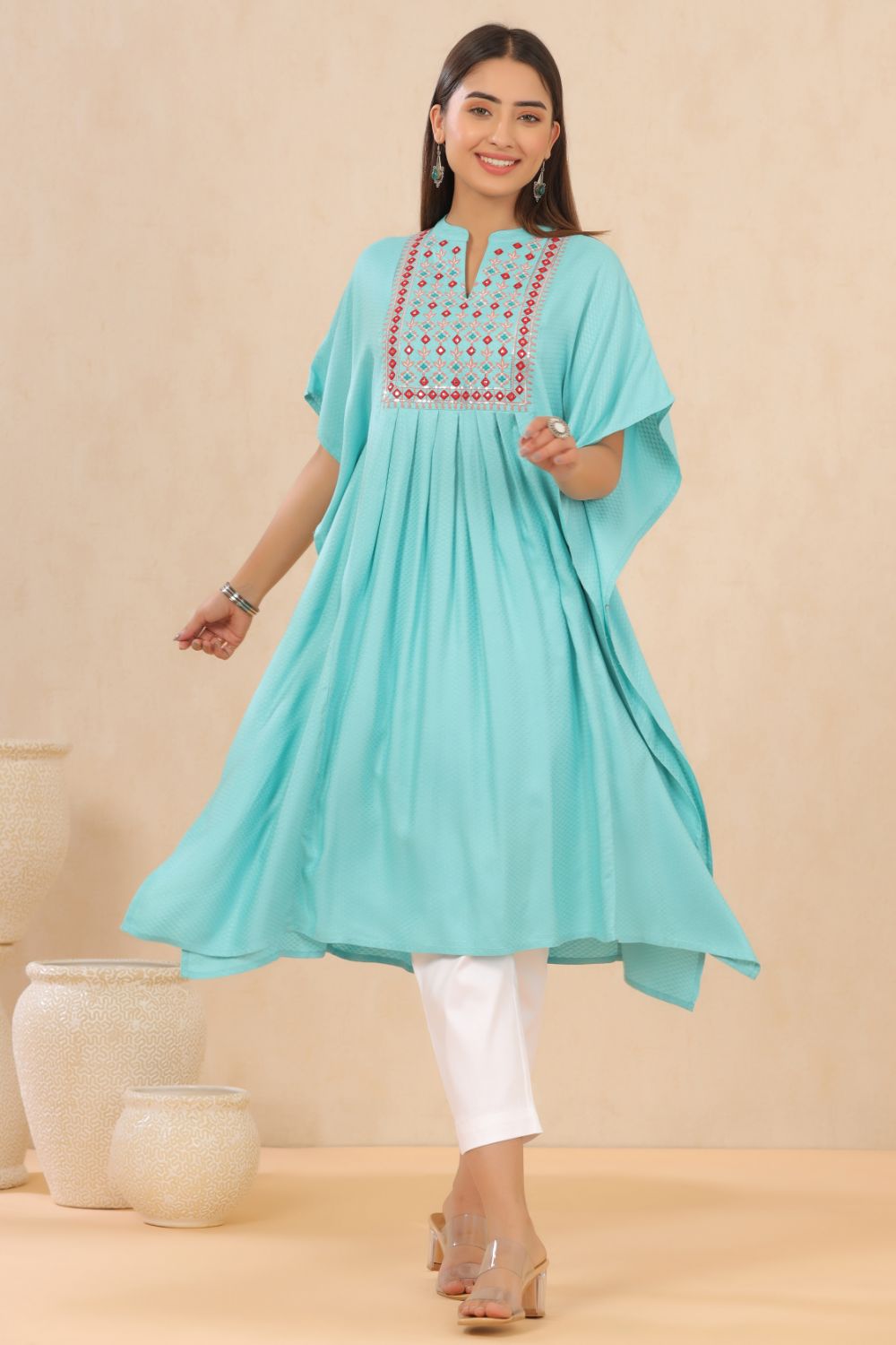Juniper Womens Skyblue Embroiderd Rayon Dobby Kaftan | Swadesiicart