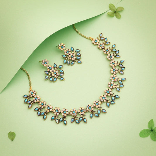 Tehzeeb Creations Gold-Polished Sky Blue Colour Choker With Dangle Earrings - Swadesiicart