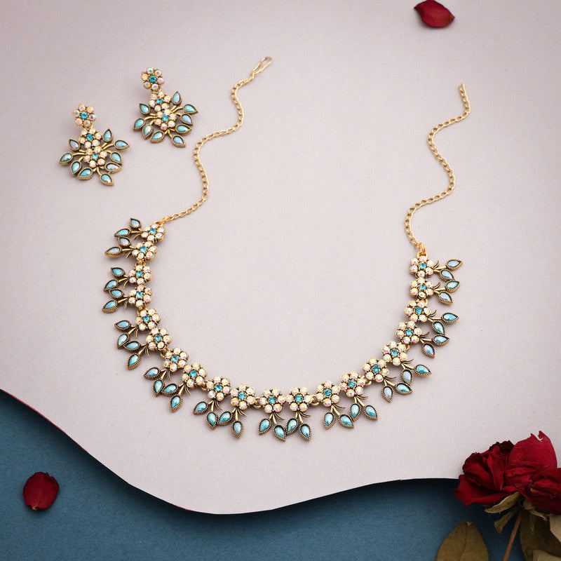 Tehzeeb Creations Gold-Polished Sky Blue Colour Choker With Dangle Earrings - Swadesiicart